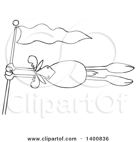 Clipart of a Cartoon Lineart Moose Holding onto a Flag Post in a Wind Storm - Royalty Free Vector Illustration by djart