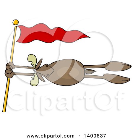 Clipart of a Moose Holding onto a Red Flag Post in a Wind Storm - Royalty Free Vector Illustration by djart