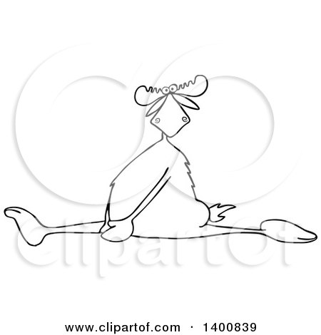 Clipart of a Cartoon Black and White Lineart Moose Doing the Splits, with a Painful Expression - Royalty Free Vector Illustration by djart