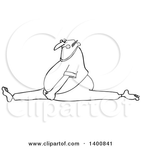 Clipart of a Cartoon Black and White Lineart Man Doing the Splits, with a Painful Expression - Royalty Free Vector Illustration by djart