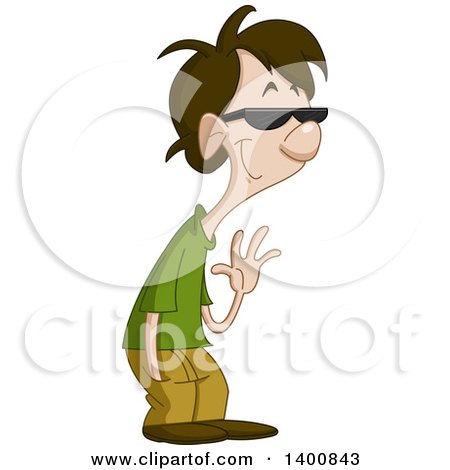 Clipart of a Cartoon Casual Brunette White Man Wearing Sunglasses and Waving - Royalty Free Vector Illustration by yayayoyo