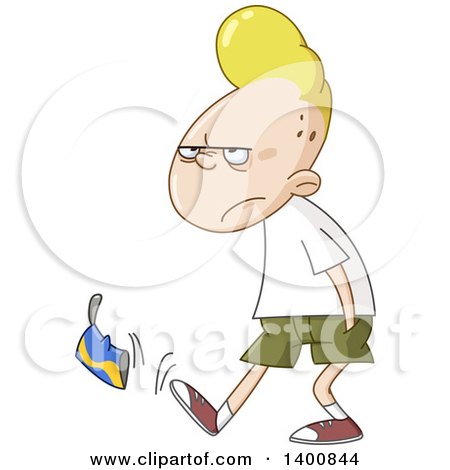 Clipart of a Cartoon Annoyed Blond White Teenage Boy Walking and Kicking a Can - Royalty Free Vector Illustration by yayayoyo