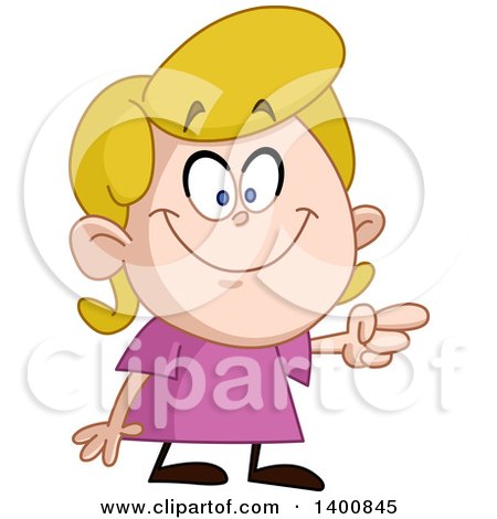 Clipart of a Cartoon Blond White Girl Pointing and Smiling - Royalty Free Vector Illustration by yayayoyo