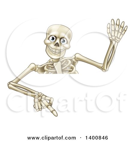 Clipart of a Cartoon Human Skeleton Waving and Pointing down over a Sign - Royalty Free Vector Illustration by AtStockIllustration