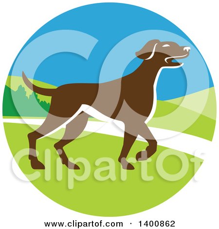 Clipart of a Retro Brown Pointer Dog in a Landscape Circle - Royalty Free Vector Illustration by patrimonio