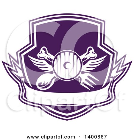 Clipart of a Retro Crossed Spoon, Fork and Bone with Wings over a Headlamp in a Purple and White Shield - Royalty Free Vector Illustration by patrimonio