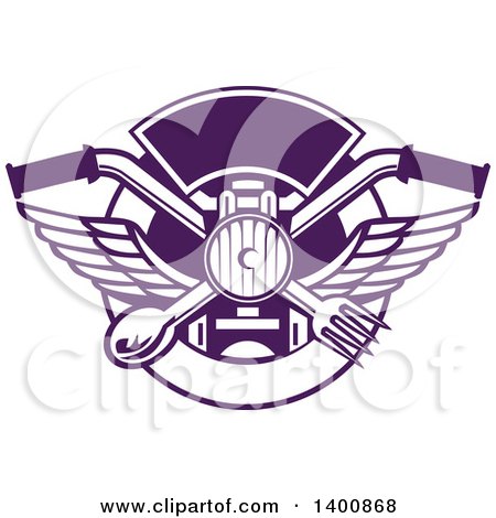 Clipart of a Retro Crossed Spoon and Fork over Motorcycle Handlebars and Headlamp in a Purple and White Plate Circle - Royalty Free Vector Illustration by patrimonio