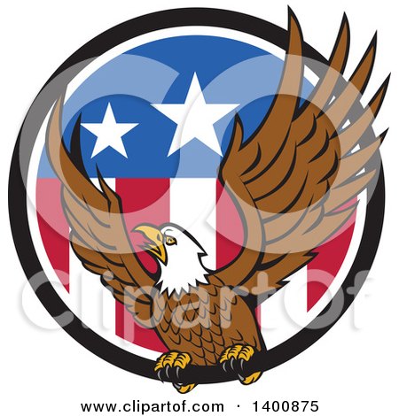Clipart of a Retro Bald Eagle Landing in an American Flag Circle - Royalty Free Vector Illustration by patrimonio