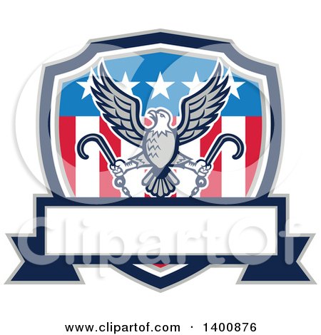 Clipart of a Retro Bald Eagle Flying with Towing J Hooks over an American Shield with a Blank Banner - Royalty Free Vector Illustration by patrimonio