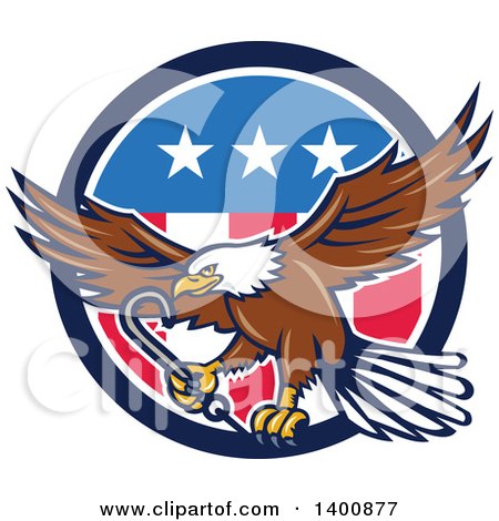 Clipart of a Retro Bald Eagle Flying with a Towing J Hook over an American Circle - Royalty Free Vector Illustration by patrimonio