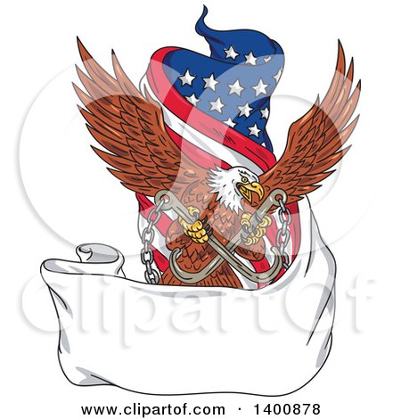 Clipart of a Retro Bald Eagle Flying with Towing J Hooks over a Blank Ribbon Banner and American Flag - Royalty Free Vector Illustration by patrimonio