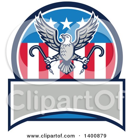 Clipart of a Retro Bald Eagle Flying with Towing J Hooks over an American Circle with a Blank Banner - Royalty Free Vector Illustration by patrimonio