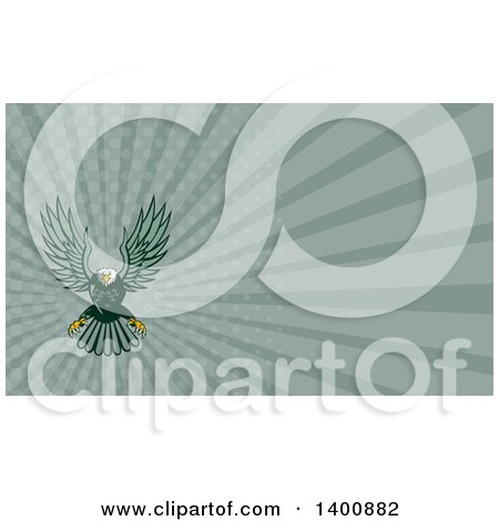 Clipart of a Retro Swooping Green Bald Eagle and Green Rays Background or Business Card Design - Royalty Free Illustration by patrimonio