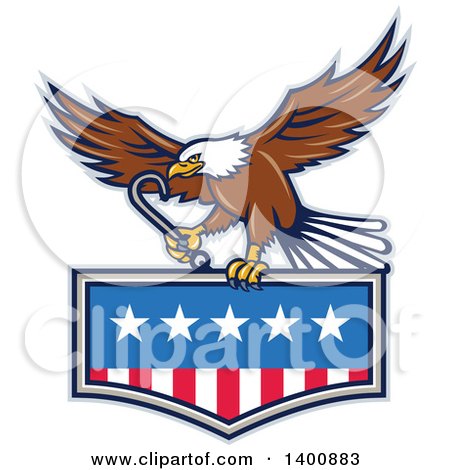 Clipart of a Retro Bald Eagle Flying with a Towing J Hook over an American Flag - Royalty Free Vector Illustration by patrimonio