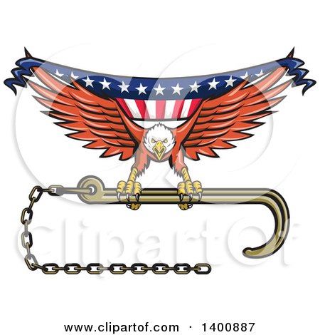 Clipart of a Retro Bald Eagle Flying with a Towing J Hook and American Flag Banner - Royalty Free Vector Illustration by patrimonio