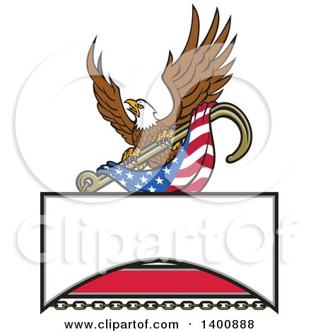 Clipart of a Retro Bald Eagle Flying with an American Flag and Towing J Hook over a Sign - Royalty Free Vector Illustration by patrimonio