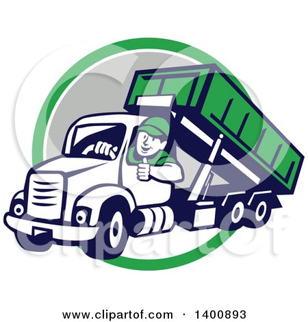 Clipart of a Retro Male Dump Truck Driver Giving a Thumb up over a Green White and Gray Circle - Royalty Free Vector Illustration by patrimonio