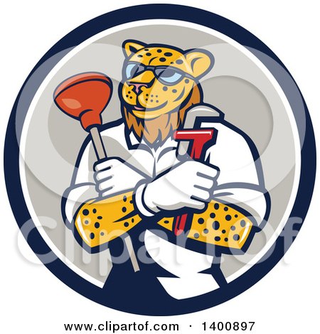 Clipart of a Leopard Plumber Holding a Plunger and Monkey Wrench in Folded Arms Within a Blue White and Gray Circle - Royalty Free Vector Illustration by patrimonio