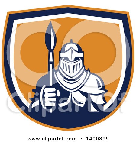 Clipart of a Retro Knight in Full Armor, Holding Paint Brush in an Orange Blue and White Shield - Royalty Free Vector Illustration by patrimonio