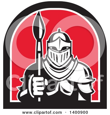 Clipart of a Retro Knight in Full Armor, Holding Paint Brush in a Black White and Red Half Circle - Royalty Free Vector Illustration by patrimonio