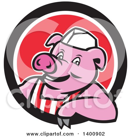 Clipart of a Retro Cartoon Butcher Pig Leaning out of a Black White and Red Circle - Royalty Free Vector Illustration by patrimonio