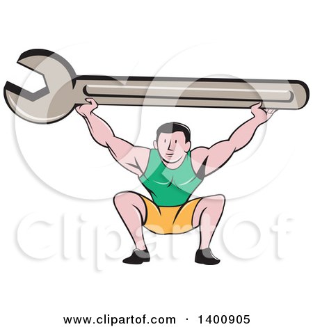 Clipart of a Retro Cartoon White Male Mechanic Squatting and Holding up a Giant Spanner Wrench - Royalty Free Vector Illustration by patrimonio