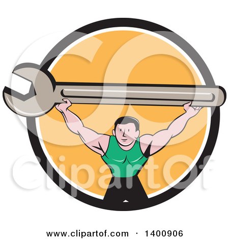 Clipart of a Retro Cartoon White Male Mechanic Squatting and Holding up a Giant Spanner Wrench in a Black White and Orange Circle - Royalty Free Vector Illustration by patrimonio