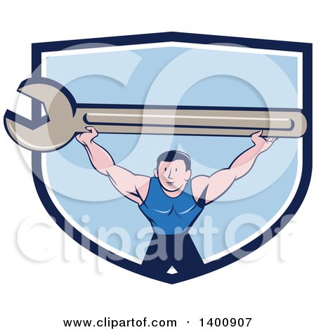 Clipart of a Retro Cartoon White Male Mechanic Squatting and Holding up a Giant Spanner Wrench in a Blue and White Shield - Royalty Free Vector Illustration by patrimonio