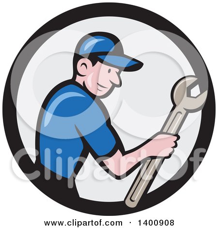 Clipart of a Retro Cartoon White Handy Man Holding a Spanner Wrench in a Circle - Royalty Free Vector Illustration by patrimonio
