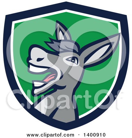 Clipart of a Retro Hee Hawing Braying Donkey in a Blue White and Green Shield - Royalty Free Vector Illustration by patrimonio