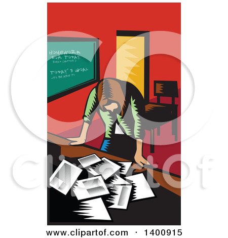 Clipart of a Retro Woodcut Depressed Female Teacher Looking down on a Desk with Papers - Royalty Free Vector Illustration by patrimonio