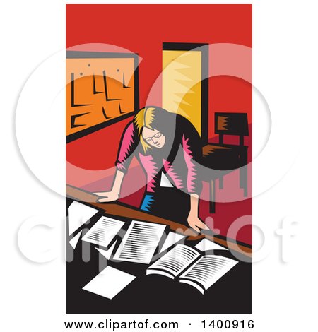 Clipart of a Retro Woodcut Depressed Female Teacher Looking down on a Desk with Books and Paper - Royalty Free Vector Illustration by patrimonio