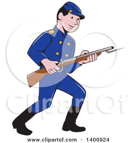 Clipart of a Retro Cartoon American Civil War Union Army Soldier Holding a Rifle with Bayonet - Royalty Free Vector Illustration by patrimonio