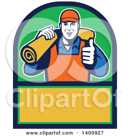 Clipart of a Retro Male Carpet Layer Giving a Thumb up and Carrying a Roll in a Green Blue and Yellow Frame - Royalty Free Vector Illustration by patrimonio