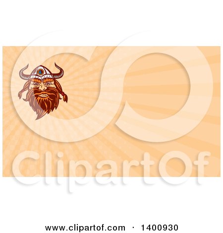 Clipart of a Retro Woodcut Male Viking Norseman Warrior Face with a Long Beard and Horned Helmet and Pastel Orange Rays Background or Business Card Design - Royalty Free Illustration by patrimonio
