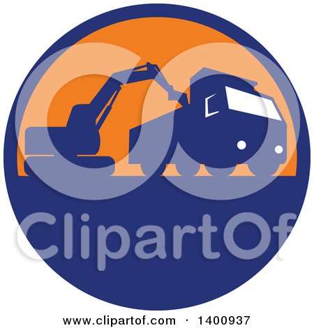 Clipart of a Retro Silhouetted Mechanical Digger Excavator Loading a Dump Truck in a Blue and Orange Circle - Royalty Free Vector Illustration by patrimonio