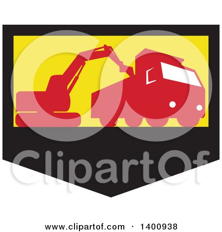 Clipart of a Retro Silhouetted Mechanical Digger Excavator Loading a Dump Truck in a Black Yellow and Red Shield - Royalty Free Vector Illustration by patrimonio