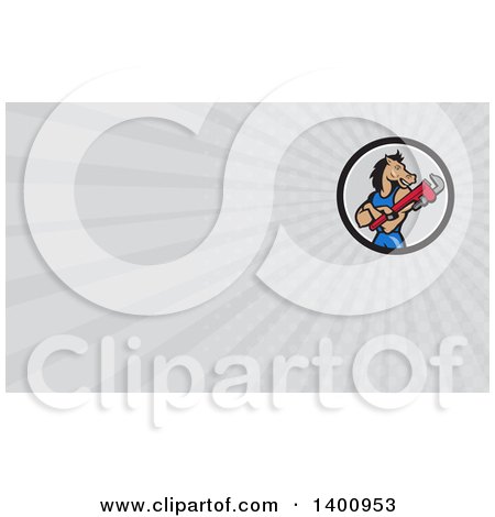 Clipart of a Cartoon Muscular Horse Man Plumber with Folded Arms, Holding a Monkey Wrench and Gray Rays Background or Business Card Design - Royalty Free Illustration by patrimonio