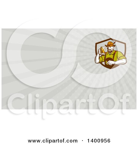 Clipart of a Retro German Man Wearing Lederhosen and Raising a Beer Mug for a Toast and Rays Background or Business Card Design - Royalty Free Illustration by patrimonio