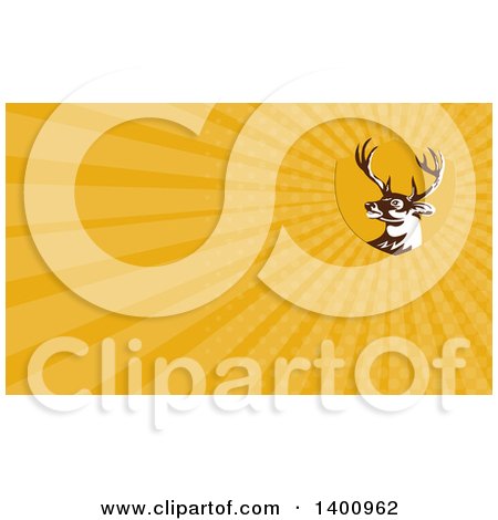 Clipart of a Retro Whitetail Deer Buck Head and Yellow Rays Background or Business Card Design - Royalty Free Illustration by patrimonio