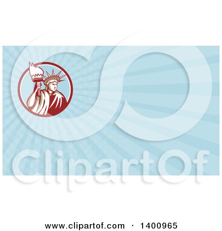 Clipart of a Retro Statue of Liberty Holding a Torch and Blue Rays Background or Business Card Design - Royalty Free Illustration by patrimonio