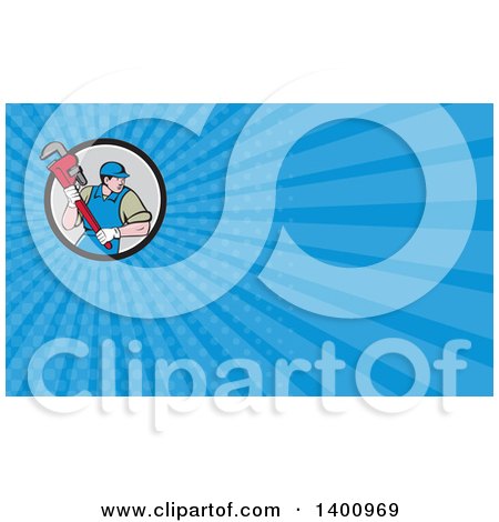 Clipart of a Retro Cartoon White Male Plumber Holding a Giant Monkey Wrench and Plumber Rays Background or Business Card Design - Royalty Free Illustration by patrimonio