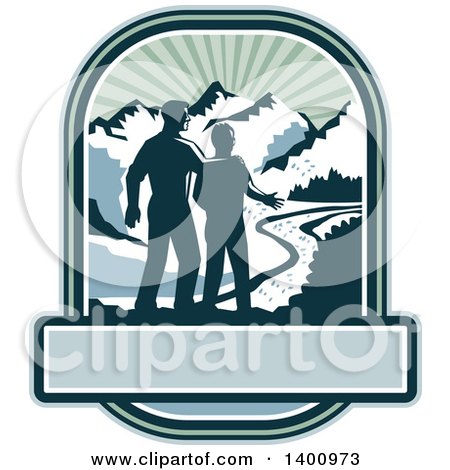 Clipart of a Retro Silhouetted Father and Son with a View of a River and Mountains over a Banner - Royalty Free Vector Illustration by patrimonio