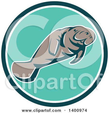 Clipart of a Retro Manatee Swimming in a Teal White and Turquoise Circle - Royalty Free Vector Illustration by patrimonio