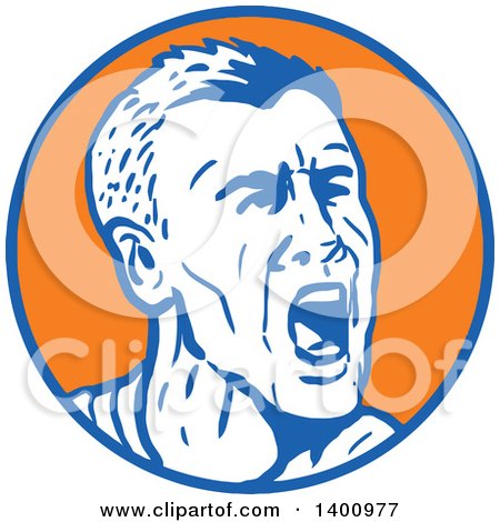 Clipart of a Retro Angry Yelling Man in a Blue White and Orange Circle - Royalty Free Vector Illustration by patrimonio