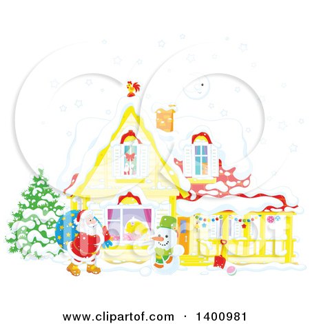 Clipart of a Christmas House with a Snowman and Santa Claus Carrying a Sack in the Snow - Royalty Free Vector Illustration by Alex Bannykh