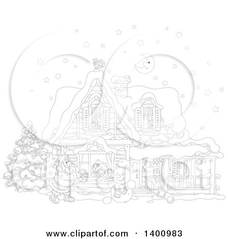 Clipart of a Black and White Lineart Christmas House with a Snowman and Santa Claus Carrying a Sack in the Snow - Royalty Free Vector Illustration by Alex Bannykh