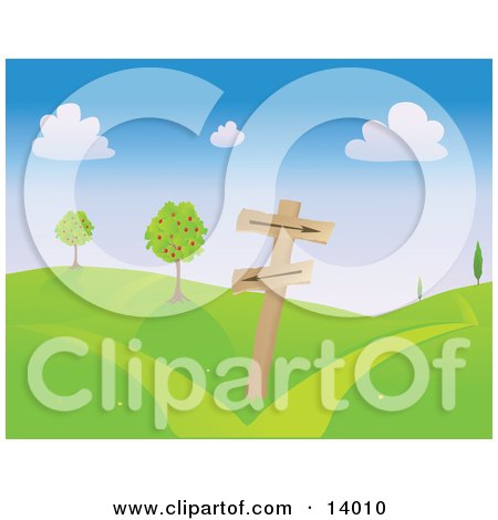 Directional Pole With Arrow Signs Pointing Different Ways On A Green Hilly Landscape With Apple Trees Clipart Illustration by Rasmussen Images