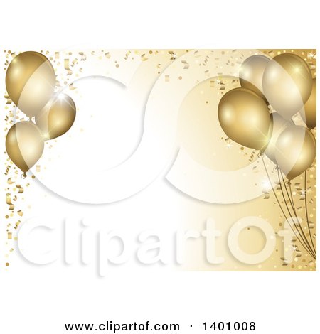 Clipart of a Background of 3d Gold Party Balloons and Confetti Around Text Space - Royalty Free Vector Illustration by dero