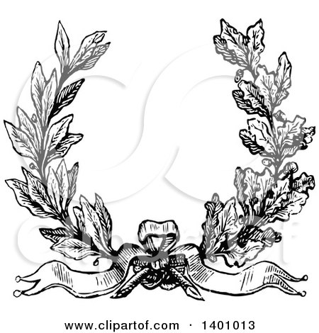 Clipart of a Black and White Vintage Laurel and Oak Wreath - Royalty Free Vector Illustration by BestVector